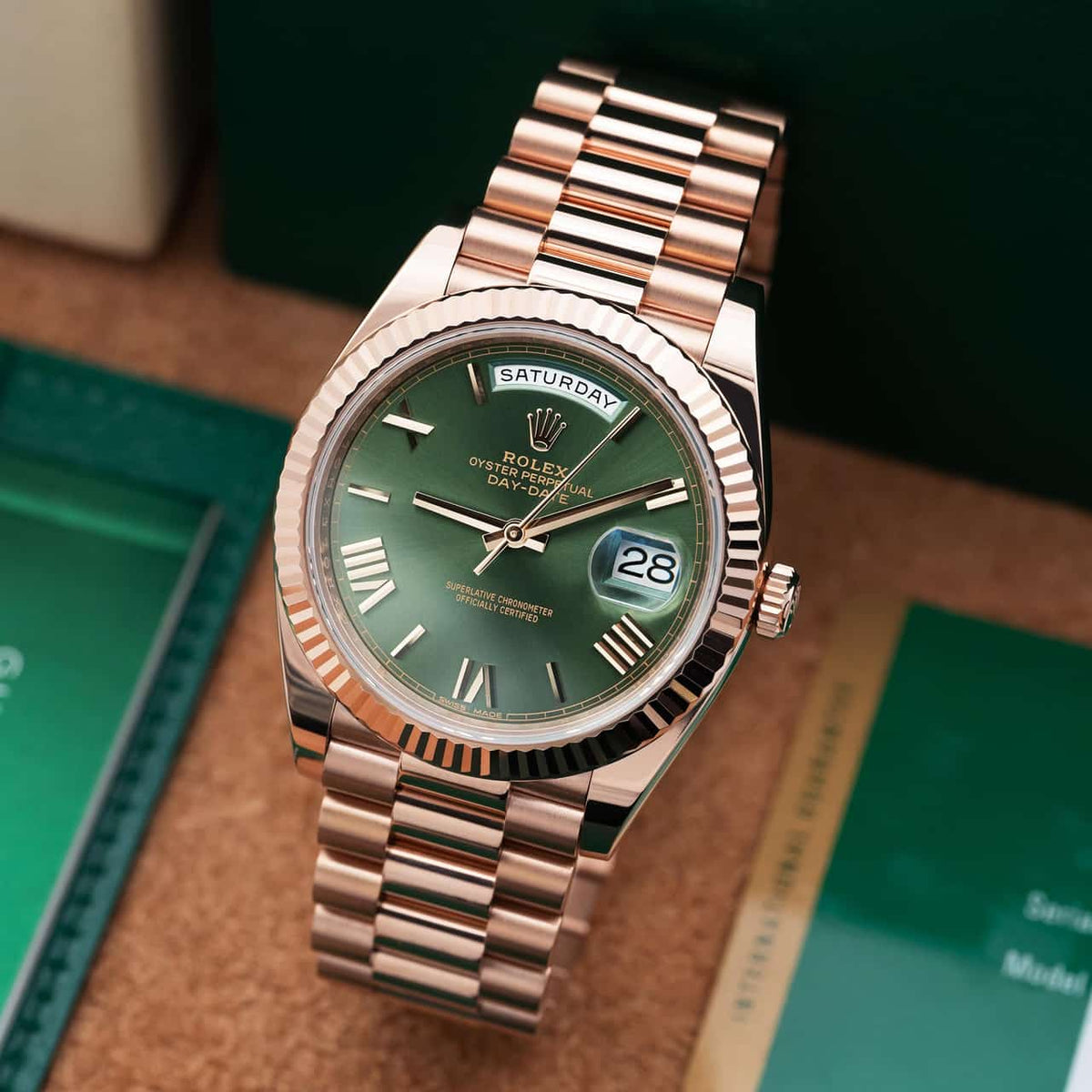 Rolex Day-Date 41 Fluted Bezel Rose Gold Green Dial Watch