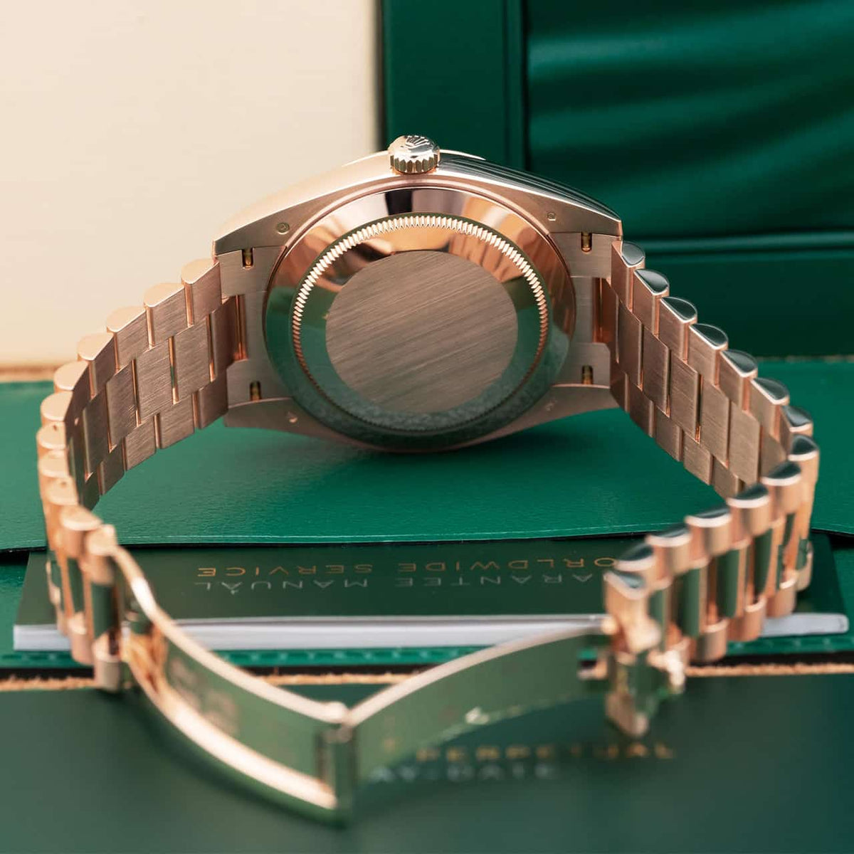 Rolex Day-Date 41 Fluted Bezel Rose Gold Green Dial Watch