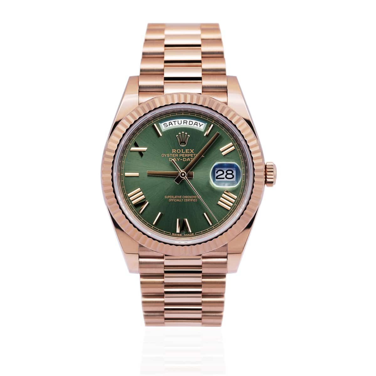 Rolex Day-Date 41 Fluted Bezel Rose Gold Green Dial Watch