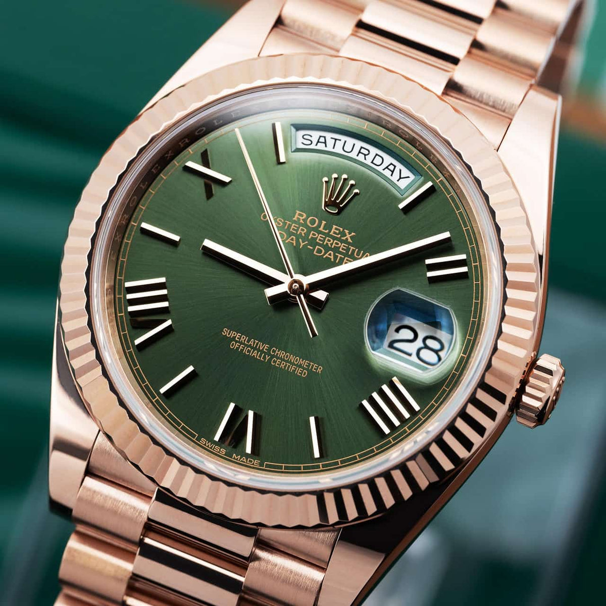 Rolex Day-Date 41 Fluted Bezel Rose Gold Green Dial Watch